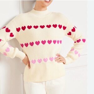 TALBOTS Women's Shaker Stitch Mockneck Cream Sweater  Pink Heart Pattern Size S